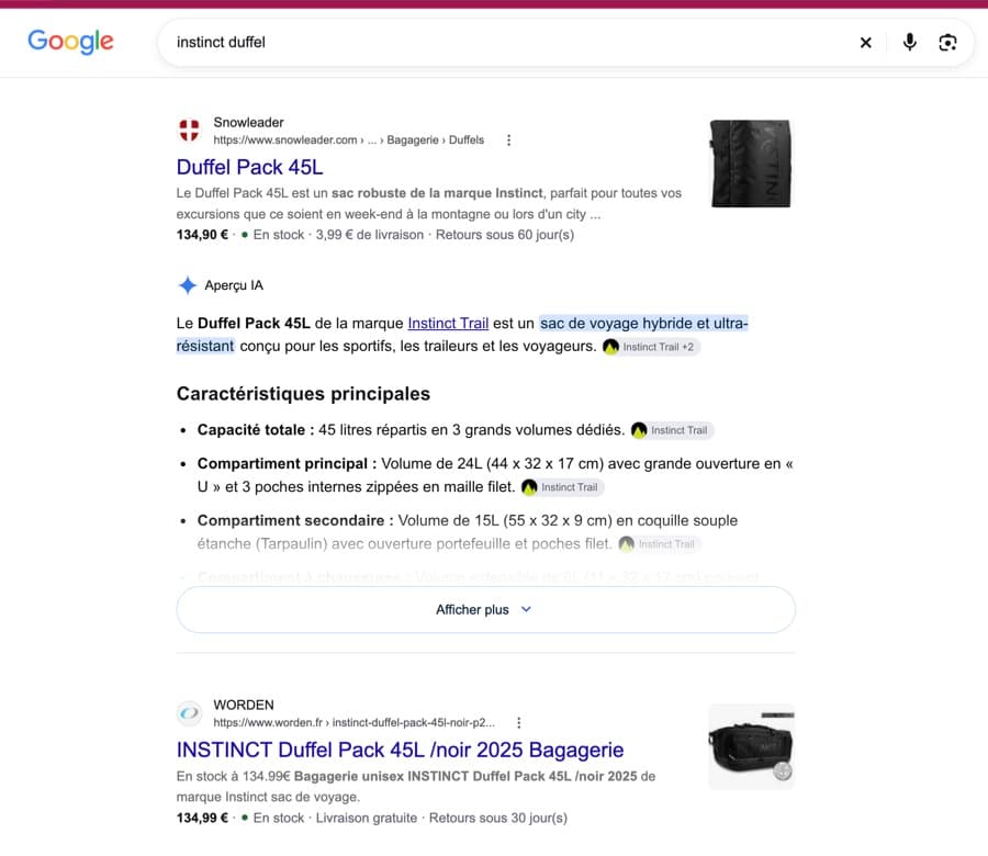 Google results in French for 'instinct duffel': a 45-litre Duffel Pack bag from the trail brand Instinct, with an AI Overview describing the bag