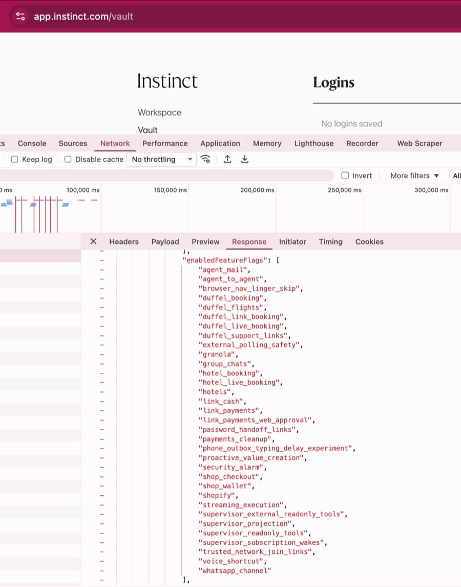 Browser developer tools showing the enabledFeatureFlags list in the Instinct session response