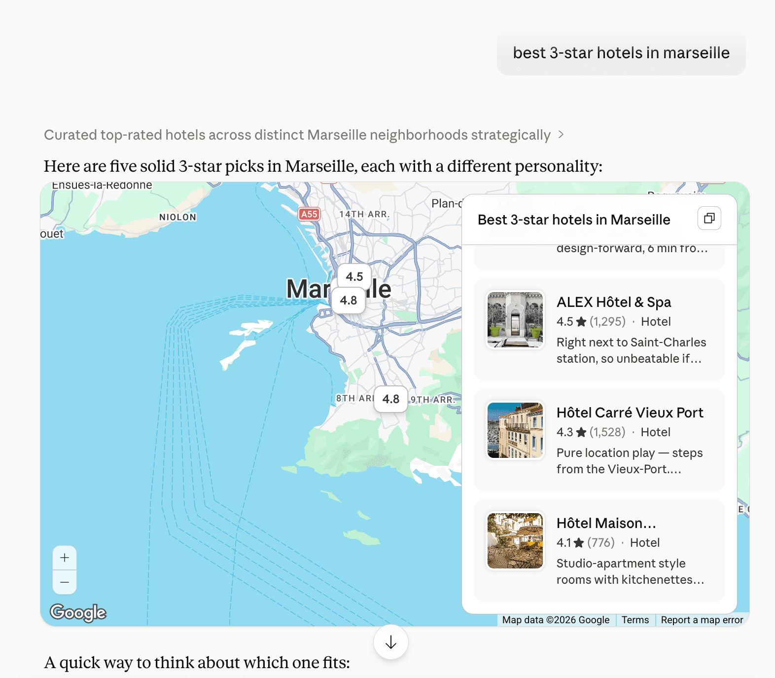 Claude.ai rendering a map of Marseille with five hotel pins and a side panel listing ALEX Hôtel & Spa (4.5★), Hôtel Carré Vieux Port (4.3★), and Hôtel Maison Montgrand (4.1★). The data comes from a places_search tool call to Google Places.