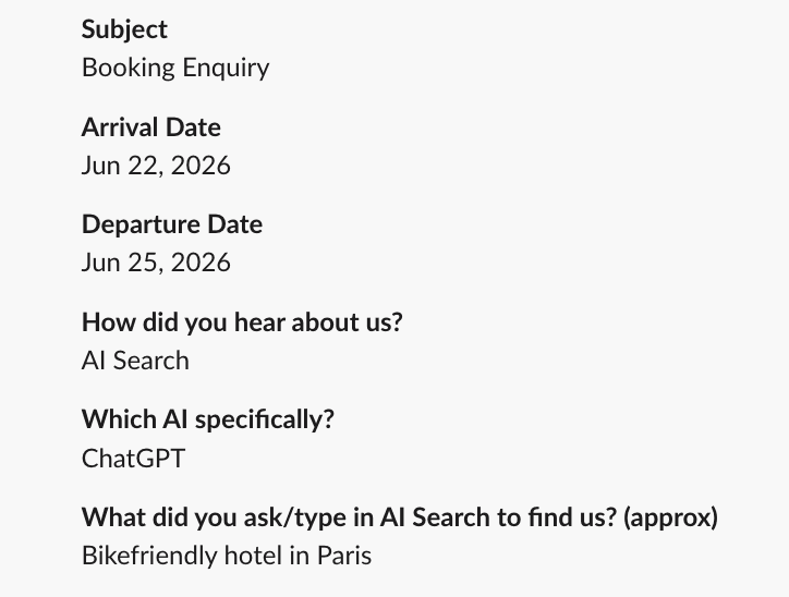 Hotel Ranque booking enquiry form asking: How did you hear about us? AI Search. Which AI specifically? ChatGPT. What did you ask/type in AI Search to find us? Bikefriendly hotel in Paris.
