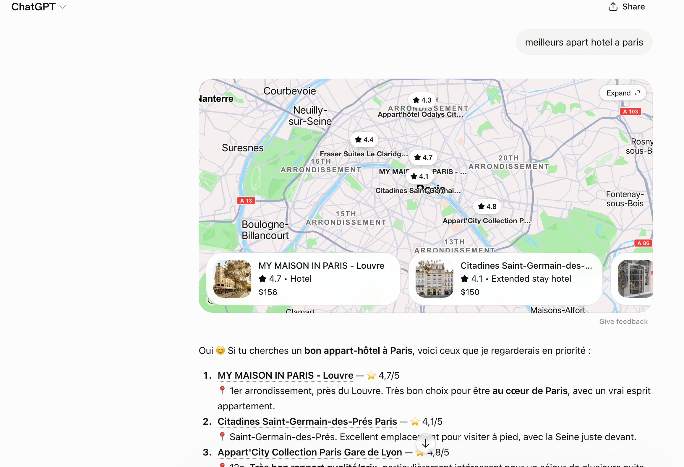 ChatGPT map widget for 'meilleurs apart hotel a paris', showing venues tagged both 'Hotel' and 'Extended stay hotel'