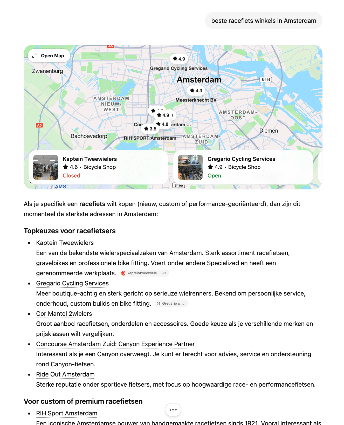 A Dutch-language ChatGPT answer to “beste racefiets winkels in Amsterdam”: a Google-Maps panel listing Gregario Cycling Services, Meesterknecht BV, Kaptein Tweewielers, RIH Sport and Cor Mantel, then a written shortlist led by Kaptein Tweewielers and Gregario Cycling Services.