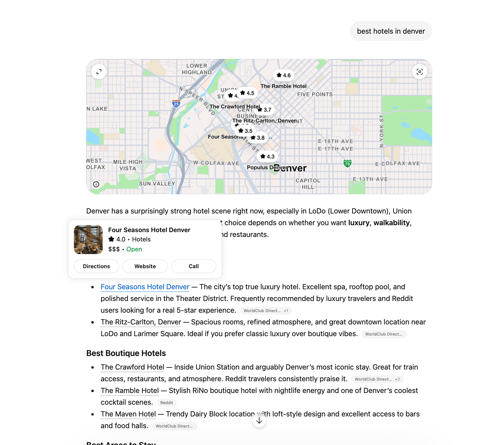 A post-May 7 ChatGPT answer to 'best hotels in denver' showing a Google Maps-style entity widget above a prose answer where the hotel names — Four Seasons Hotel Denver, The Ritz-Carlton, The Maven Hotel — are inline blue hyperlinks pointing to the hotels' own homepages.