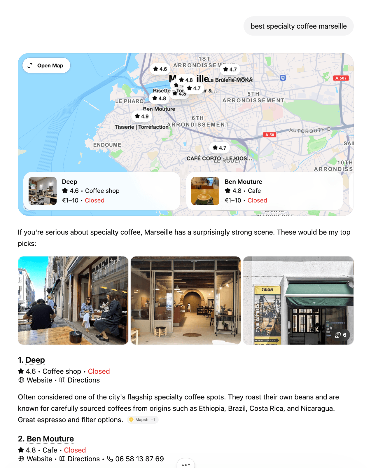 A ChatGPT answer to “best specialty coffee marseille”: a Google-Maps panel listing Deep, Ben Mouture, Café Corto and La Brûlerie MÖKA, then a written shortlist that leads with Deep (4.6, coffee shop) and Ben Mouture (4.8, café).