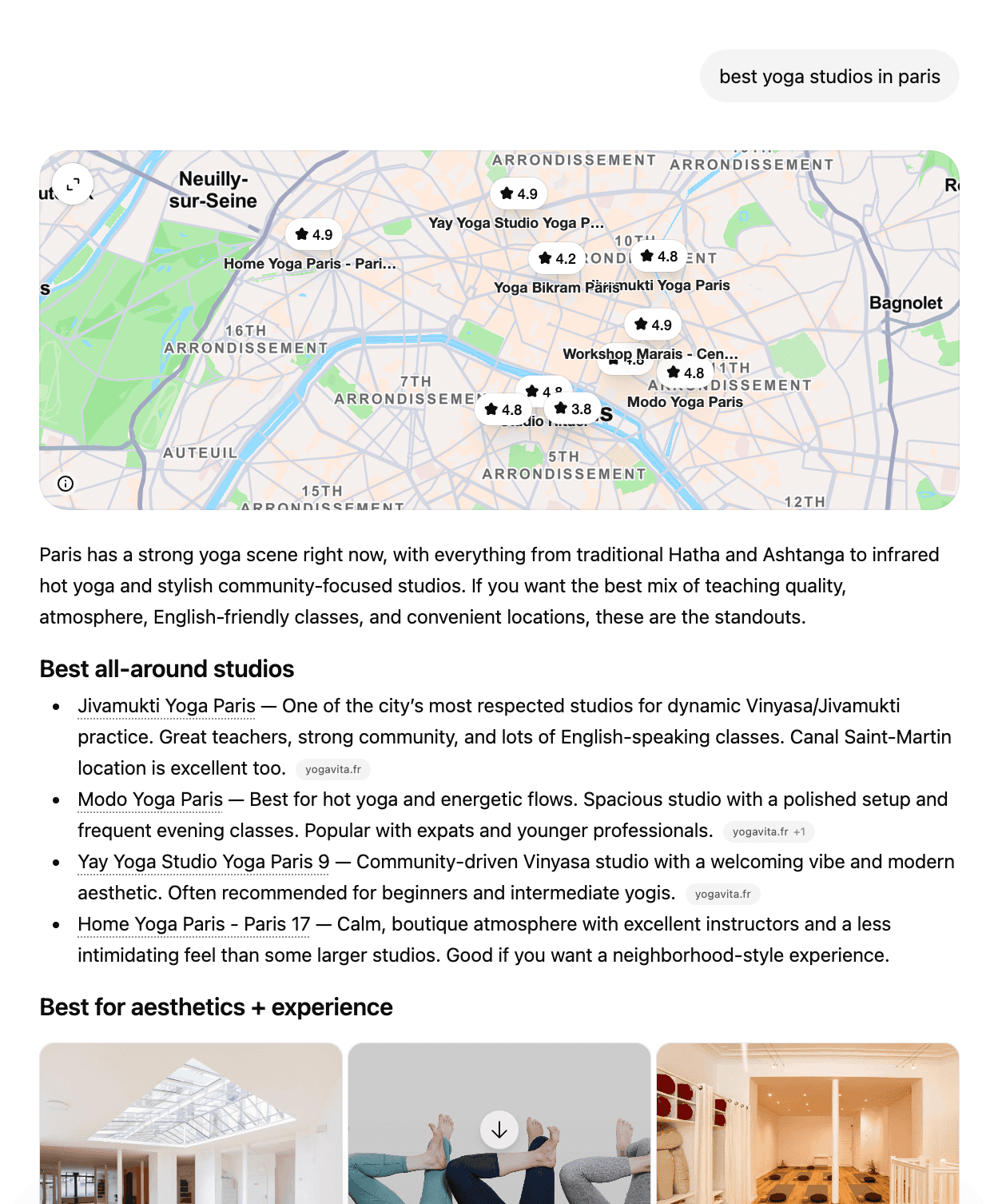 ChatGPT answer to 'best yoga studios in paris' showing a Google Maps-style entity widget pinning Yay, Modo, Yoga Bikram and Home Yoga, above a prose answer recommending Jivamukti, Modo, Yay and Home Yoga with inline citations to yogarita.fr.