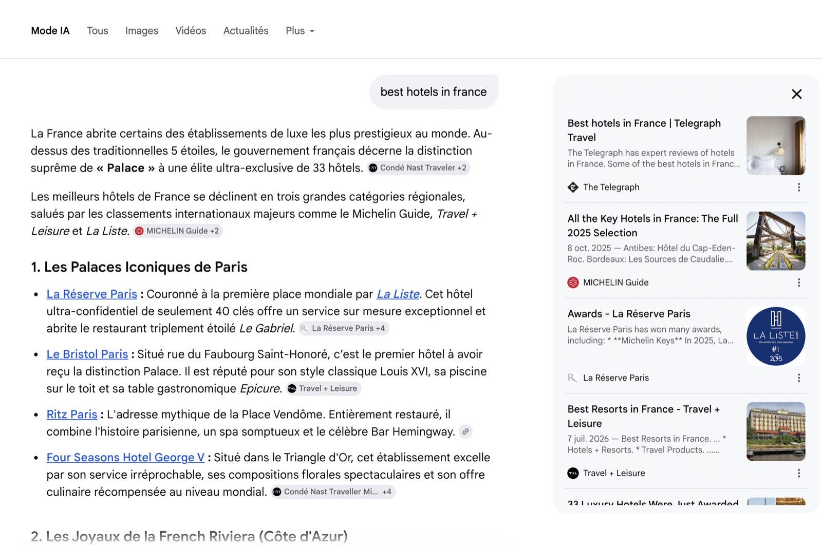 Google AI Mode result for 'best hotels in france', showing a generated answer alongside a panel of cited sources (Telegraph, Michelin Guide, La Réserve Paris, Travel + Leisure)