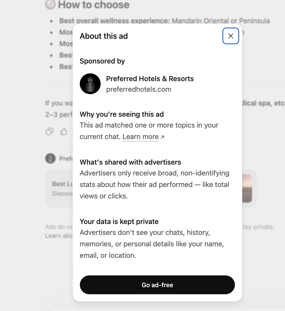 ChatGPT 'About this ad' modal showing advertiser info, targeting explanation, and privacy notice