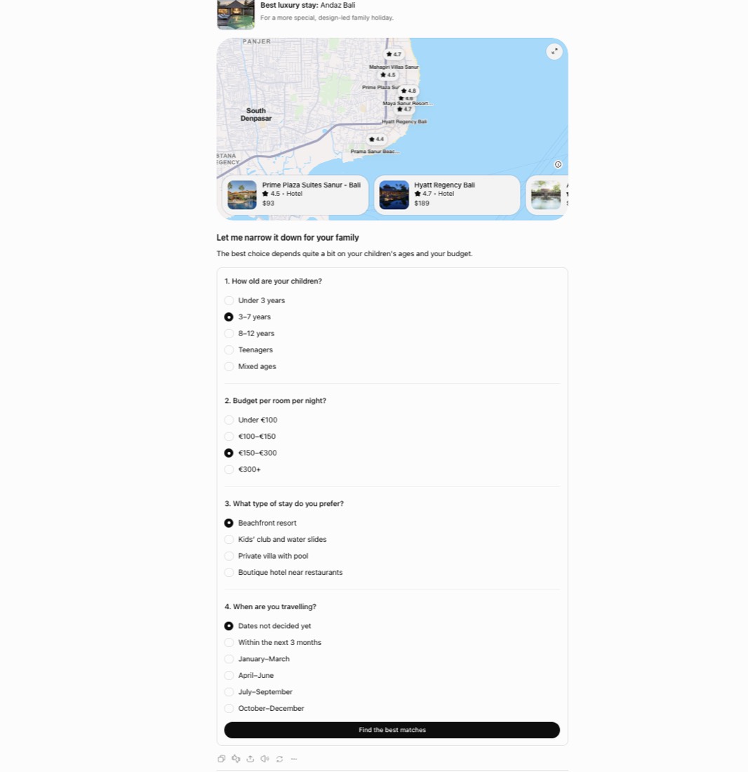 Map of Sanur followed by a four-question form about children's ages, budget, type of stay and travel dates, with a Find the best matches button