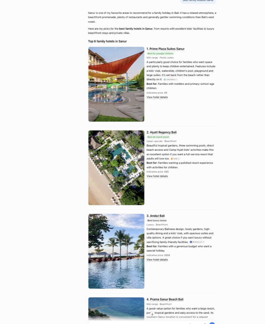 ChatGPT answer listing Prime Plaza Suites Sanur, Hyatt Regency Bali and Andaz Bali with photos, best-for badges and price categories